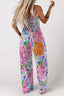 Pink Abstract Floral Painting Smocked Wide Leg Jumpsuit