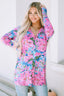 Pink Flower Print Long Sleeve Button Up Cardigan